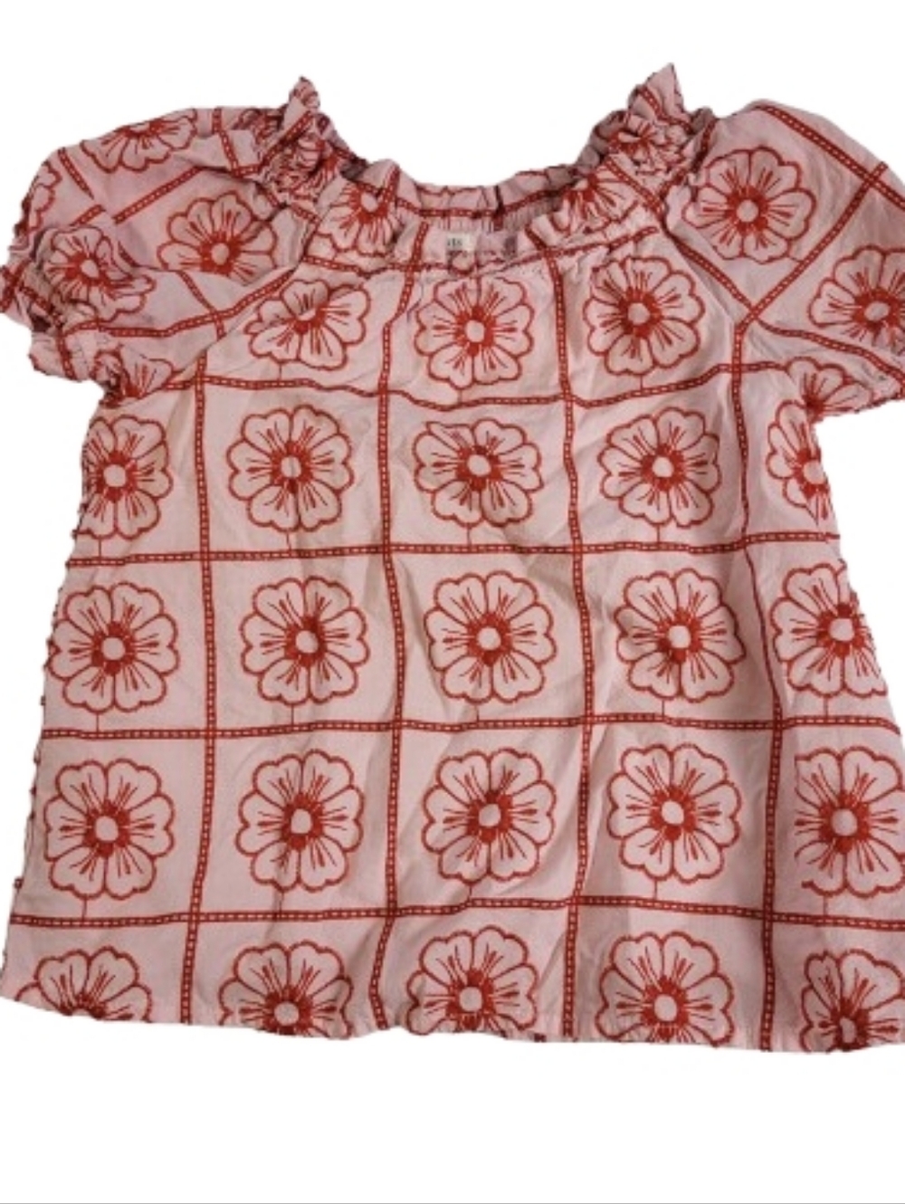 Crewcuts J Crew Pink‎ Red Floral Embroidered Girls Top Shirt Ruffled Neckline S